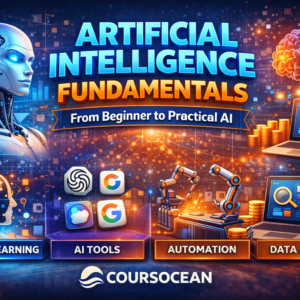 Artificial Intelligence is transforming industries and creating new opportunities across the world. This course introduces learners to the fundamentals of AI, helping them understand how intelligent systems work and how they are used in real-world applications. In this Coursocean course, students will explore concepts such as machine learning, natural language processing, automation, and AI-powered tools. The course is designed for beginners who want to understand AI and professionals who want to apply AI in business, marketing, and technology. Learners will also discover how modern AI platforms like ChatGPT and Google Gemini assist with content creation, automation, and data analysis. By the end of the course, students will have practical knowledge of how AI can improve productivity and innovation. What You Will Learn Fundamentals of Artificial Intelligence Introduction to Machine Learning AI tools for productivity and automation AI applications in business and marketing Prompt engineering basics Future trends in Artificial Intelligence Course Modules Module 1: Introduction to Artificial Intelligence What is AI History and evolution of AI AI in everyday life Module 2: Machine Learning Basics What is machine learning Types of machine learning Real-world examples Module 3: AI Tools and Applications Using AI for content creation AI tools for automation AI in business and marketing Module 4: Prompt Engineering Writing effective prompts AI-assisted workflows Practical exercises Module 5: AI for Productivity AI in research and analysis AI in marketing strategies AI for startups and businesses Final Project Students will create a simple AI-powered workflow or project using modern AI tools. Certification Coursocean Certified AI Fundamentals Professional